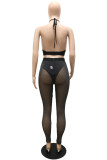 Black Sexy Solid Hollowed Out Patchwork See-through Backless Spaghetti Strap Sleeveless Two Pieces