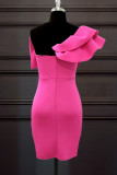 Rose Red Fashion Sexy Solid Patchwork Backless With Bow One Shoulder Evening Dress