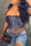 Grey Fashion Sexy Print Tie Dye Patchwork Backless Strapless Tops
