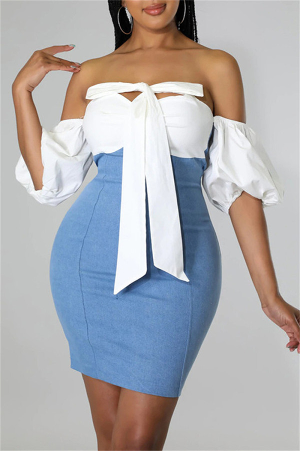 Blue Fashion Sexy Casual Solid Bandage Patchwork Backless Short Sleeve Dress