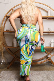 Green Sexy Print Bandage Split Joint Halter Sleeveless Two Pieces