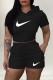 Black Fashion Casual Print Backless Hooded Collar Short Sleeve Two Pieces