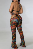 Multicolor Fashion Sexy Print Bandage Backless Halter Sleeveless Three-piece Set