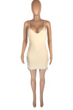 Khaki Fashion Sexy Solid Hollowed Out Backless V Neck Sling Dress