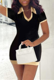 Black Fashion Casual Solid Patchwork Turndown Collar Short Sleeve Dress