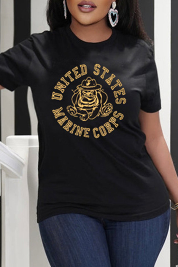 Black Fashion Casual Print Basic O Neck T-Shirts