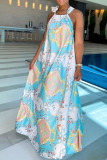 Blue Casual Sweet Print Patchwork Spaghetti Strap Straight Dresses