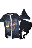 Black Sexy Print Patchwork See-through O Neck Short Sleeve Two Pieces
