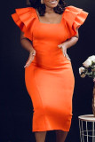 Orange Fashion Casual Solid Patchwork Square Collar Short Sleeve Dress