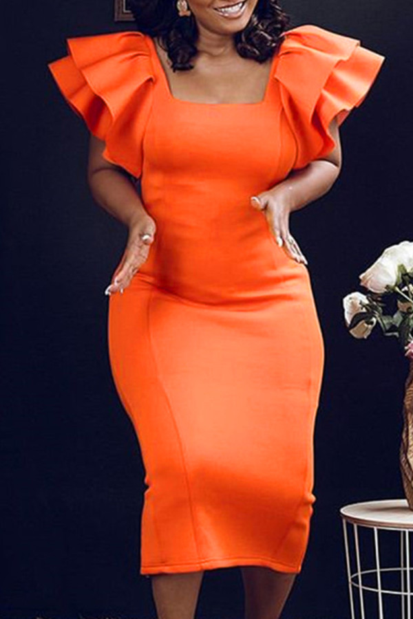Orange Fashion Casual Solid Patchwork Square Collar Short Sleeve Dress