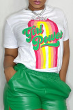 White Fashion Casual Print Basic O Neck T-Shirts