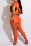 Orange Fashion Sexy Casual Solid See-through Hooded Collar Sleeveless Two Pieces