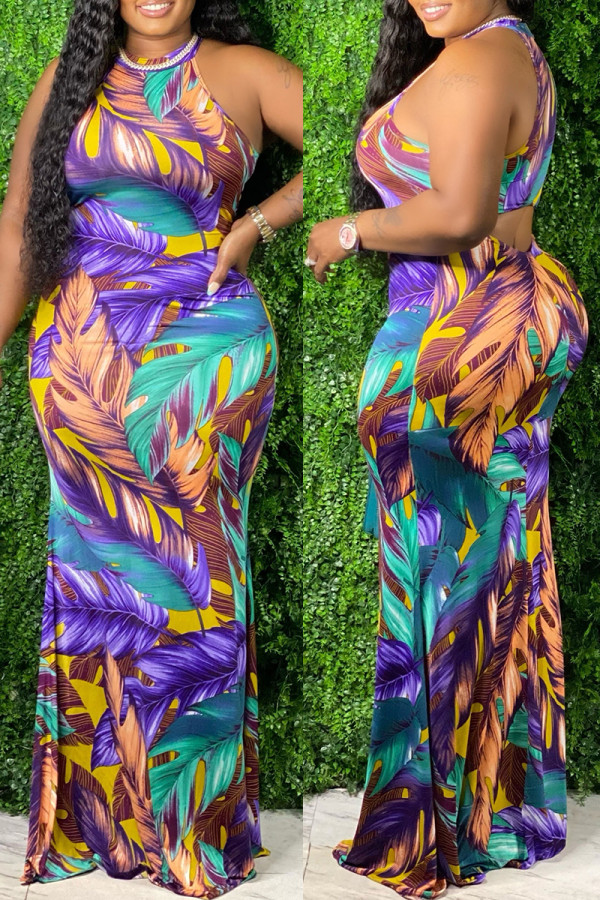 Multicolor Fashion Sexy Print Hollowed Out O Neck Sleeveless Dress