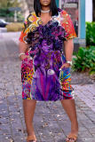 Fuchsia Fashion Print Patchwork V Neck Straight Dresses