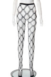 Matte Black Sexy Solid Patchwork See-through Regular High Waist Pencil Patchwork Bottoms