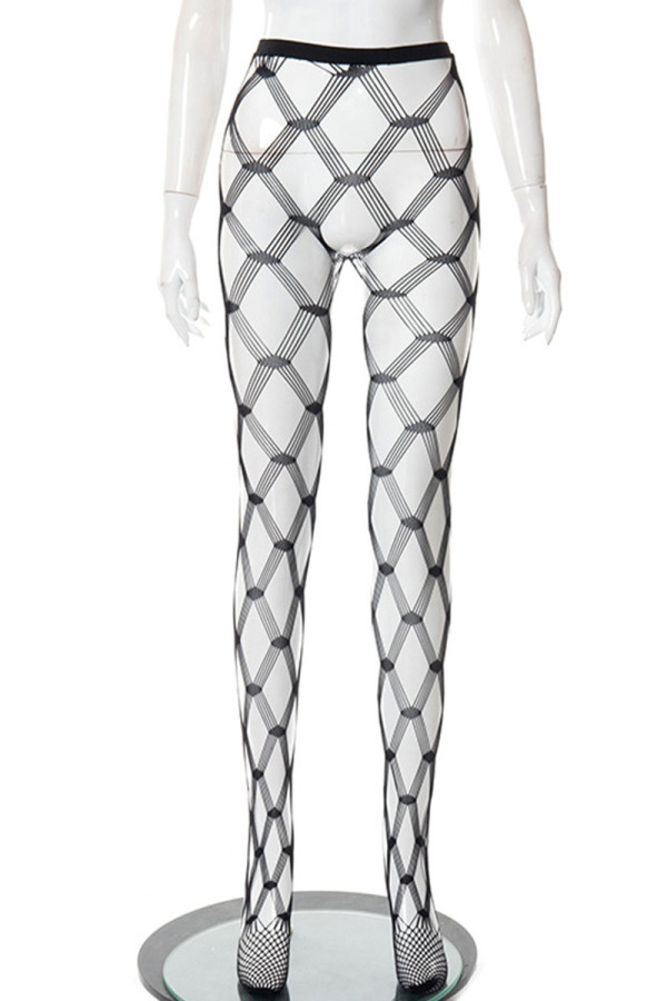 Matte Black Sexy Solid Patchwork See-through Regular High Waist Pencil Patchwork Bottoms