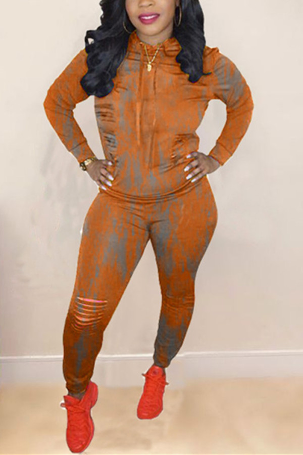 Orange Fashion Casual Print Tie Dye Ripped Hooded Collar Long Sleeve Two Pieces