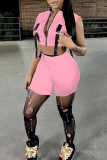 Pink Fashion Casual Solid Patchwork Zipper Collar Sleeveless Two Pieces