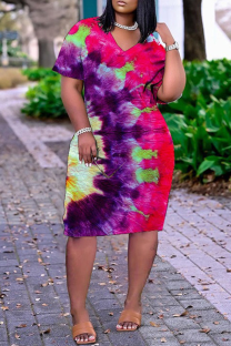 Purple Fashion Print Split Joint V Neck Straight Dresses