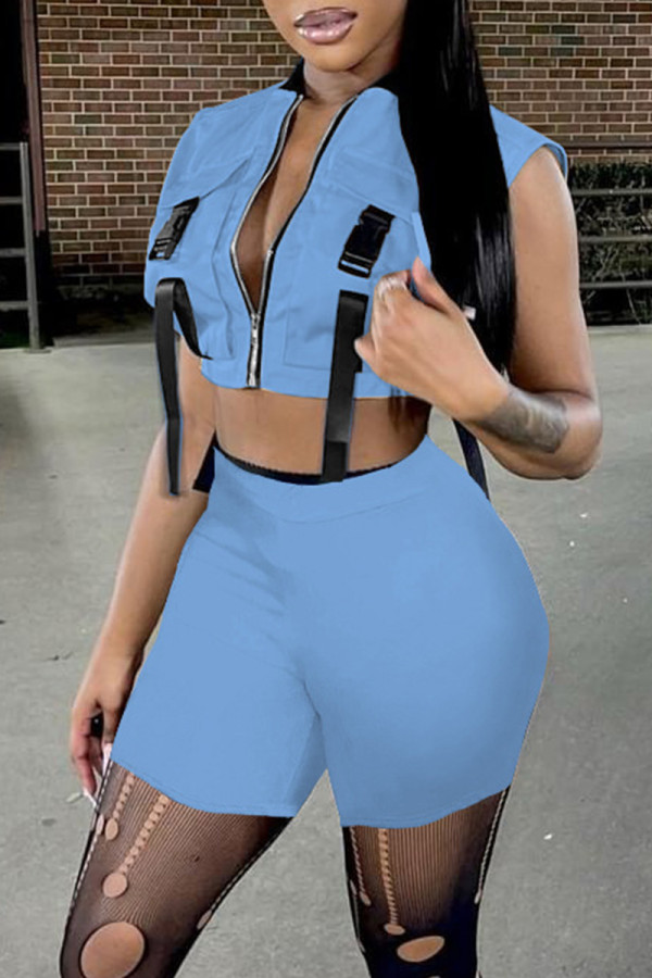 Sky Blue Fashion Casual Solid Patchwork Zipper Collar Sleeveless Two Pieces