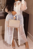 White Fashion Dot See-through Mesh Turndown Collar Shirt Dress Dresses