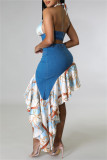 Blue Fashion Sexy Print Bandage Patchwork Backless Halter Sleeveless Two Pieces