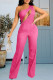 Pink Fashion Casual Solid Hollowed Out Patchwork Zipper Oblique Collar Regular Jumpsuits