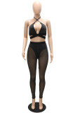 Black Sexy Solid Hollowed Out Patchwork See-through Backless Spaghetti Strap Sleeveless Two Pieces