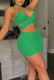 Green Sexy Solid Bandage Hollowed Out Split Joint Backless Halter Two Pieces