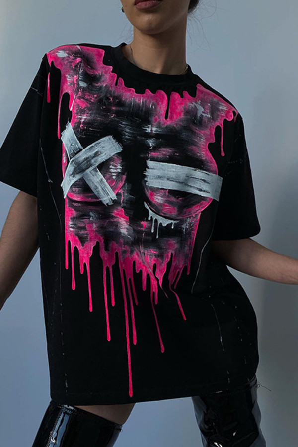 Rose Red Street Print Patchwork O Neck T-Shirts