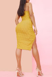 Yellow Sexy Solid Bandage Hollowed Out Patchwork Slit Spaghetti Strap Sling Dress Dresses