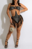 Black Fashion Sexy Patchwork Tassel Sequins Backless Strapless Skinny Romper