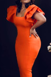 Orange Fashion Casual Solid Patchwork Square Collar Short Sleeve Dress