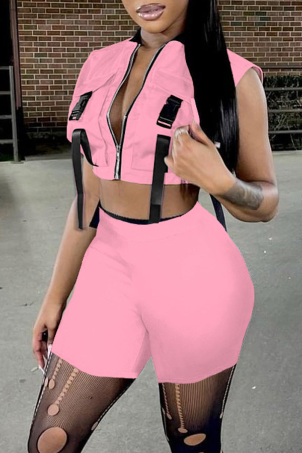 Pink Fashion Casual Solid Patchwork Zipper Collar Sleeveless Two Pieces