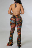 Multicolor Fashion Sexy Print Bandage Backless Halter Sleeveless Three-piece Set