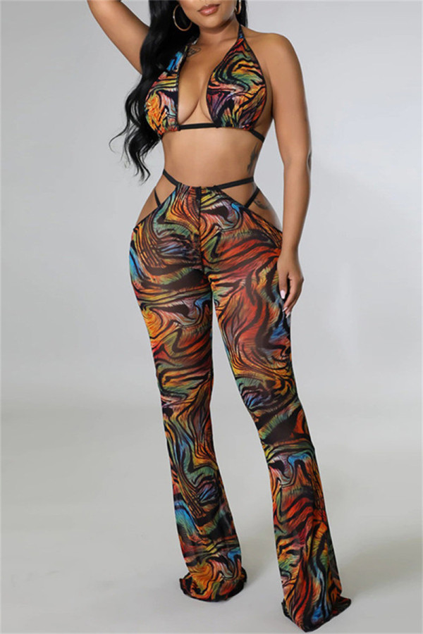 Multicolor Fashion Sexy Print Bandage Backless Halter Sleeveless Three-piece Set