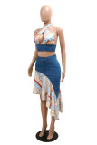 Blue Fashion Sexy Print Bandage Patchwork Backless Halter Sleeveless Two Pieces