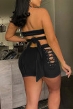 Black Sexy Solid Bandage Hollowed Out Split Joint Backless Halter Two Pieces