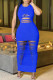 Blue Sexy Solid Hollowed Out Patchwork O Neck One Step Skirt Dresses