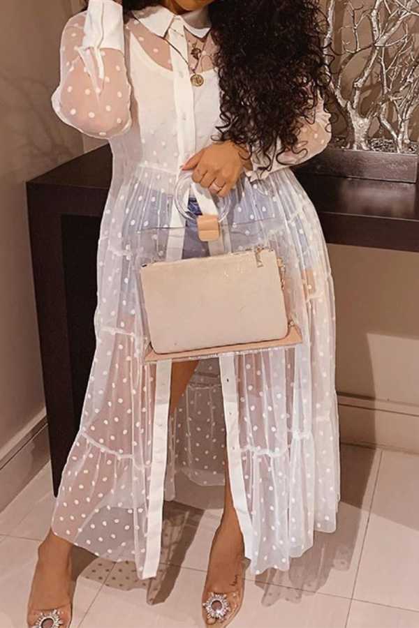 White Fashion Dot See-through Mesh Turndown Collar Shirt Dress Dresses