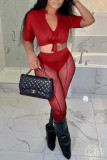 Red Sexy Solid Patchwork See-through V Neck Short Sleeve Two Pieces