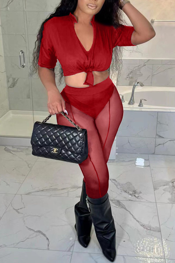 Red Sexy Solid Patchwork See-through V Neck Short Sleeve Two Pieces