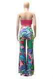 Pink Fashion Sexy Casual Print Backless Strapless Sleeveless Two Pieces