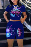 Blue Fashion Casual Print Basic O Neck Short Sleeve Two Pieces