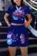 Blue Fashion Casual Print Basic O Neck Short Sleeve Two Pieces