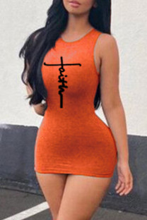 Orange Fashion Casual Print Basic O Neck Sleeveless Dress