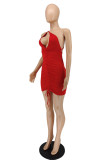 Red Fashion Sexy Solid Hollowed Out Backless Oblique Collar Sleeveless Dress