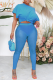 Blue Fashion Solid Patchwork O Neck Short Sleeve Two Pieces