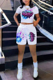 Blue Fashion Casual Print Basic O Neck Short Sleeve Two Pieces