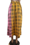 Yellow Fashion Casual Plaid Print Split Joint Regular High Waist Skirt